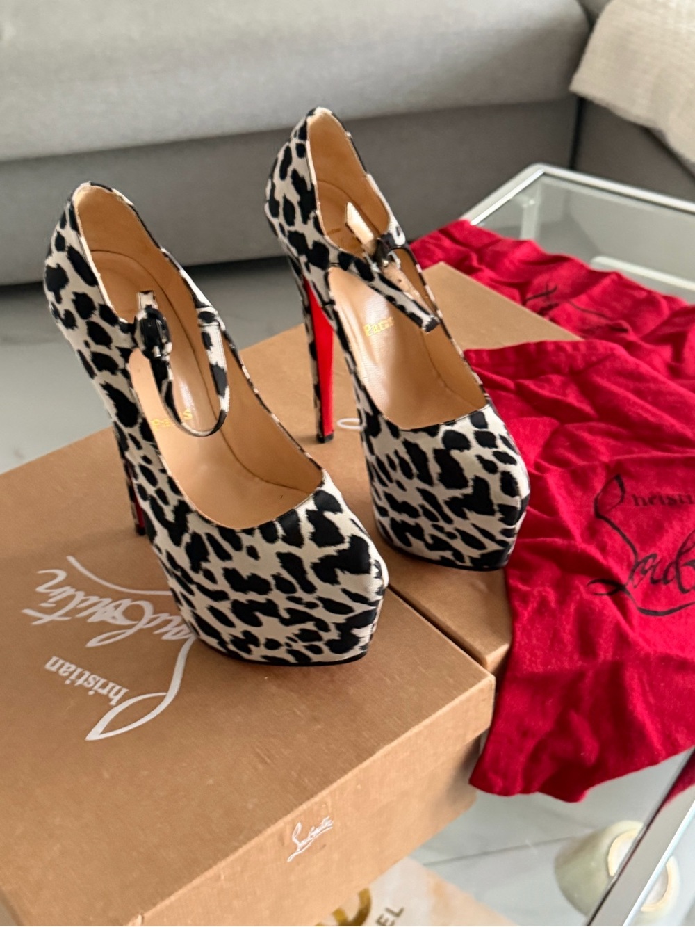 Christian Louboutin Black & White Leopard Platform Mary Jane Pumps 6.5